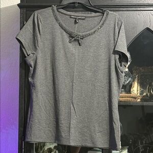 White House Black Market Gray Beaded Short Sleeve Top
